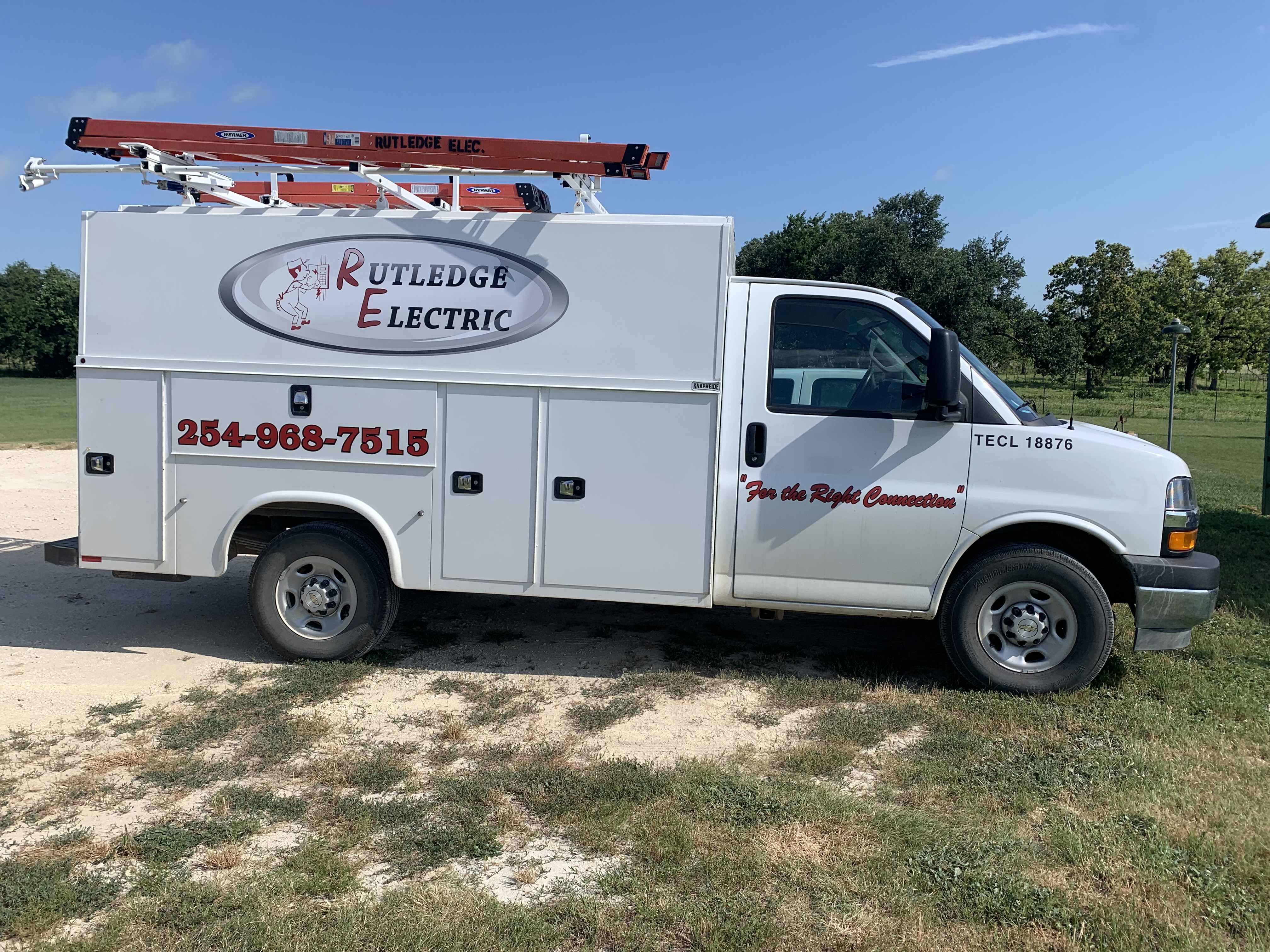 Rutledge Electric Chevy Express service van, clean side profile — TECL 18876, licensed electrician Stephenville TX, 254-968-7515